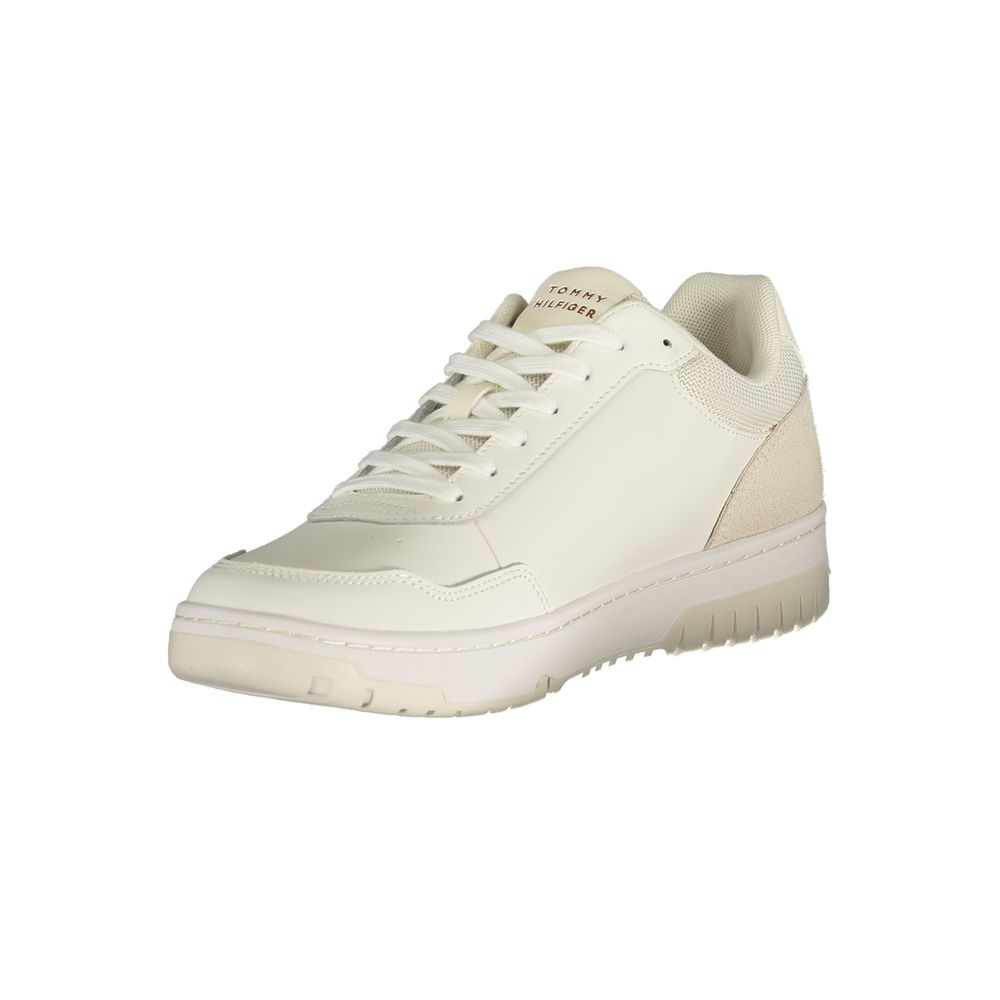 Tommy Hilfiger white polyurethane men's sneaker with sleek design and sporty look, featuring laces and a rubber sole.