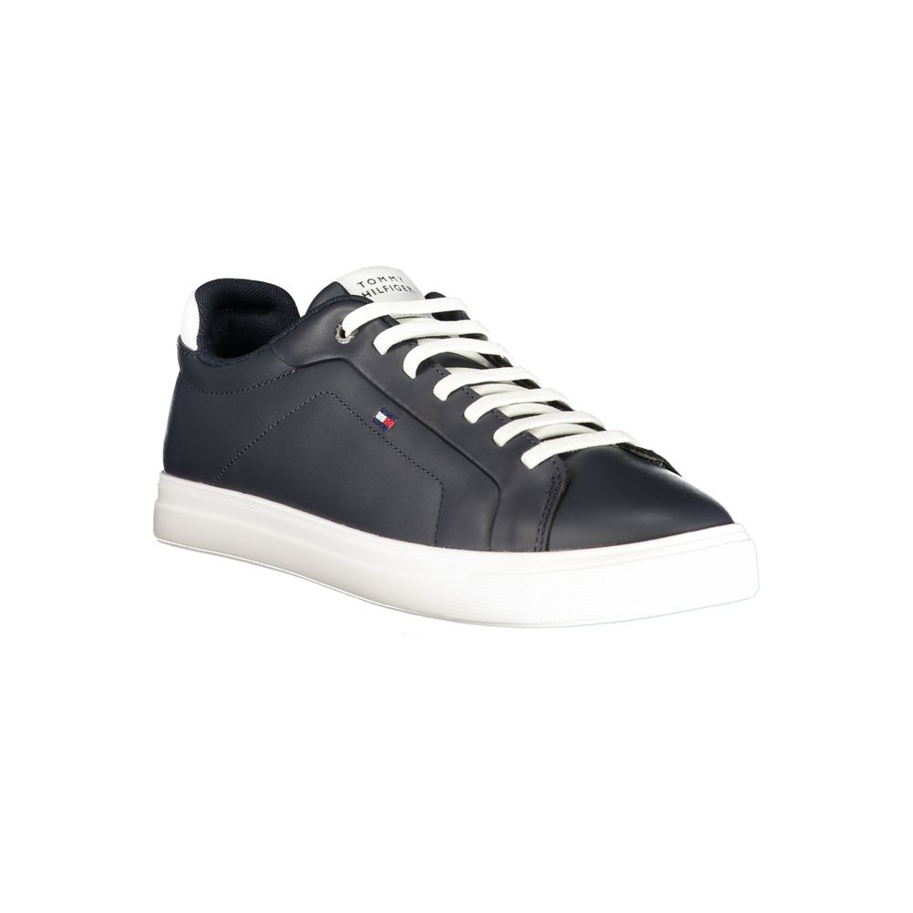 Tommy Hilfiger blue polyurethane men's sneaker with white sole and laces, casual athletic shoe.