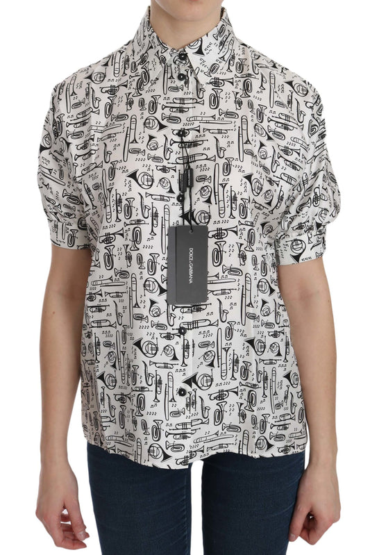 Dolce & Gabbana White Musical Instrument Collared Blouse Shirt Dolce & Gabbana