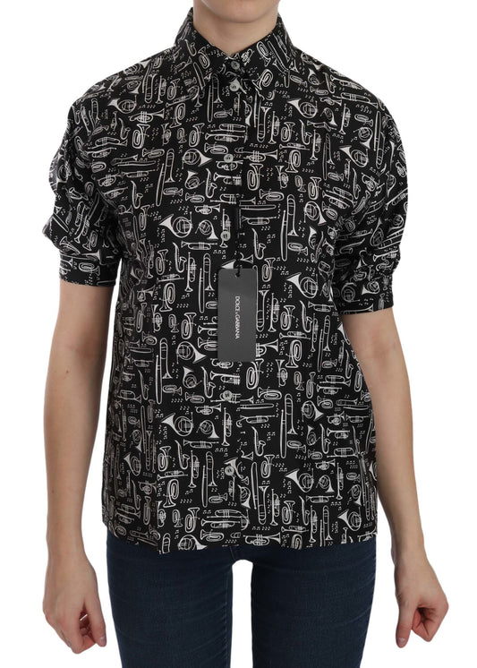 Dolce & Gabbana Black Musical Instrument Collared Blouse Shirt Dolce & Gabbana
