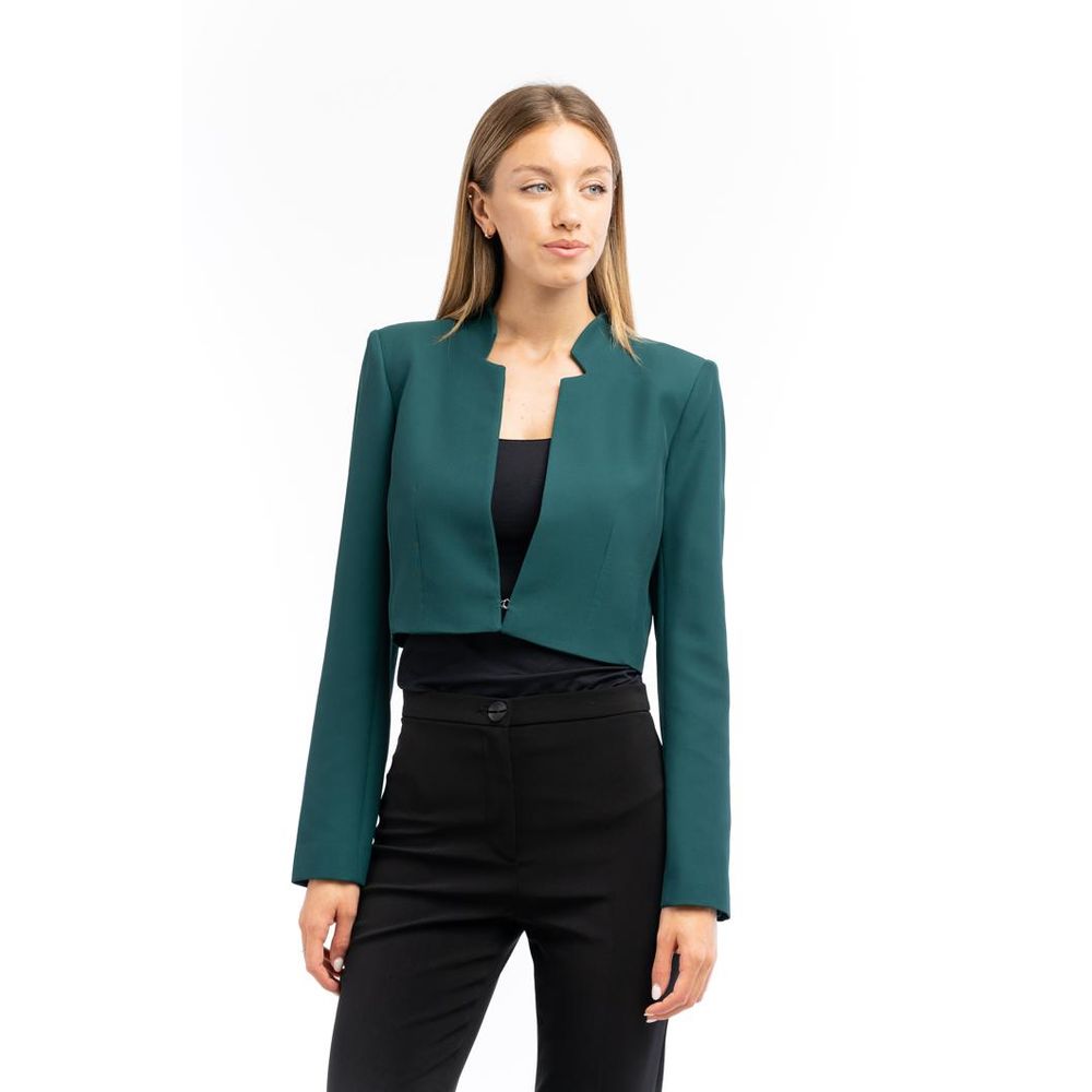 Brown polyester blazer by Patrizia Pepe displayed on a hanger, featuring a tailored fit and classic lapel design.