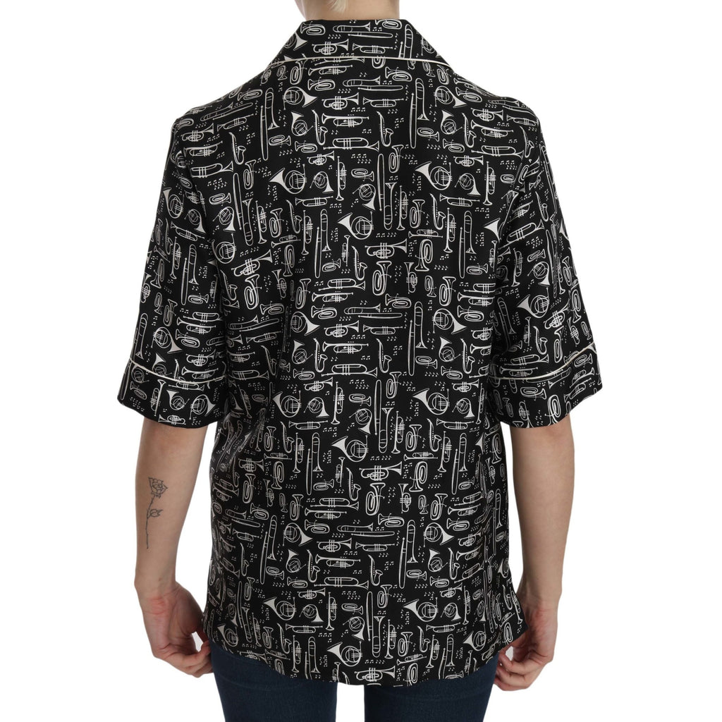 Dolce & Gabbana Black Musical Instrument Print Silk Top