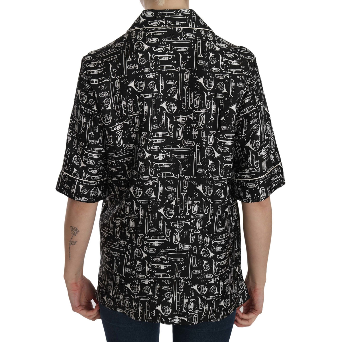 Dolce & Gabbana Black Musical Instrument Print Silk Top
