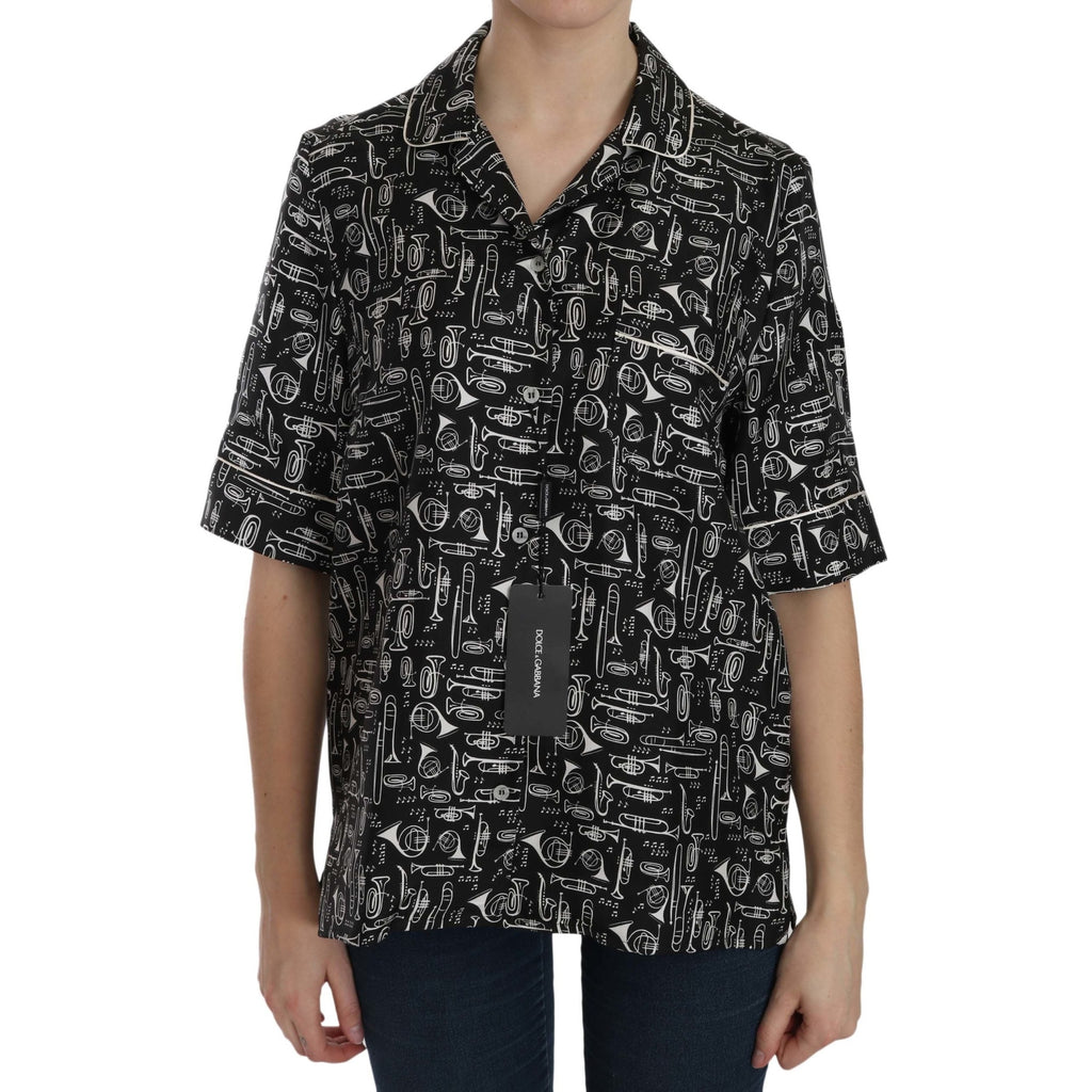 Dolce & Gabbana Black Musical Instrument Print Silk Top