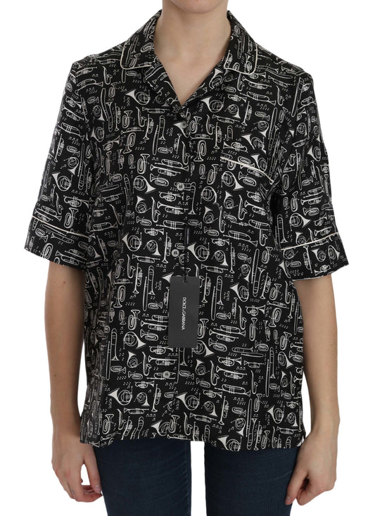 Dolce & Gabbana Black Musical Instrument Print Silk Top Dolce & Gabbana