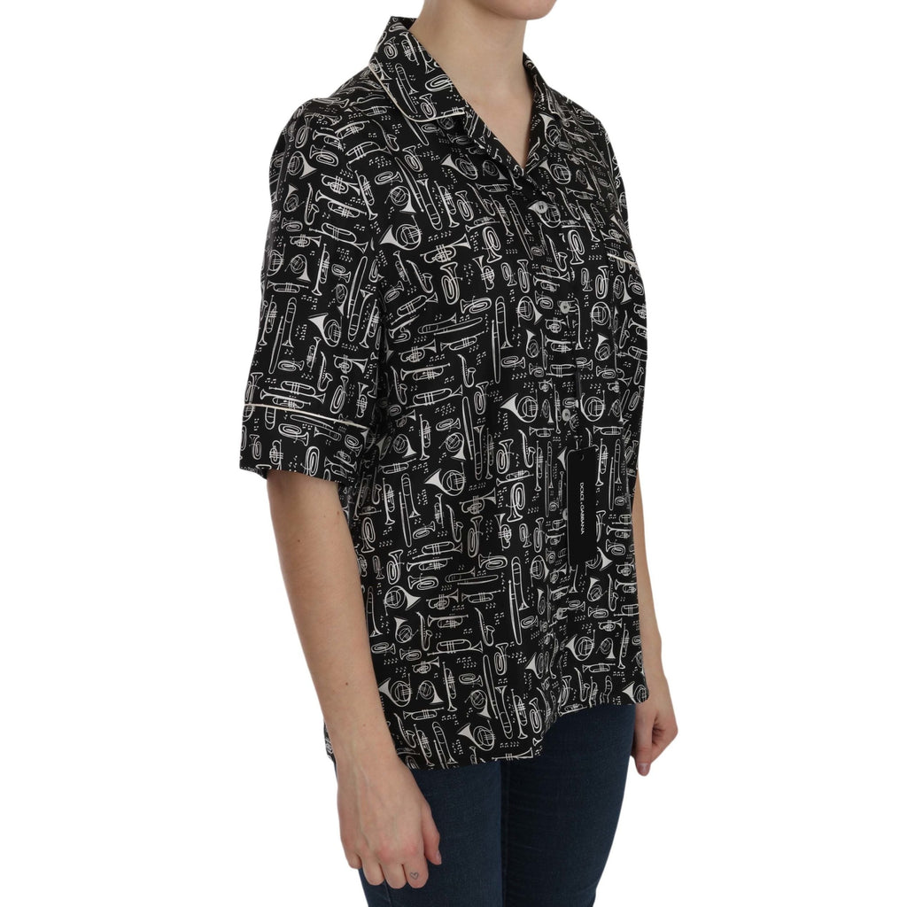 Dolce & Gabbana Black Musical Instrument Print Silk Top