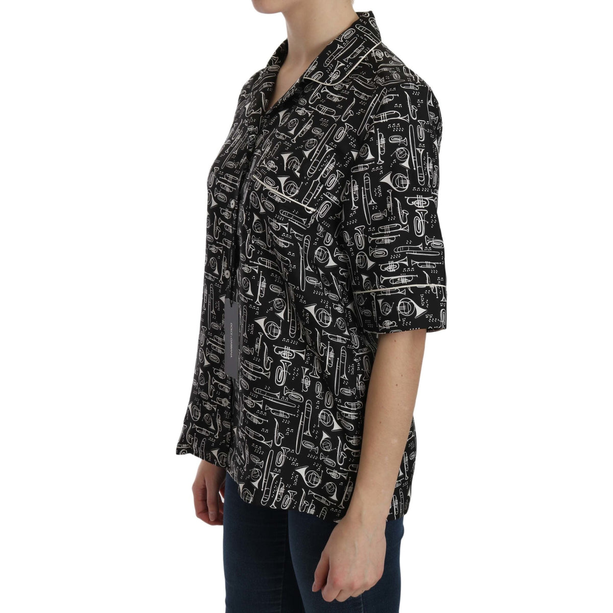 Dolce & Gabbana Black Musical Instrument Print Silk Top