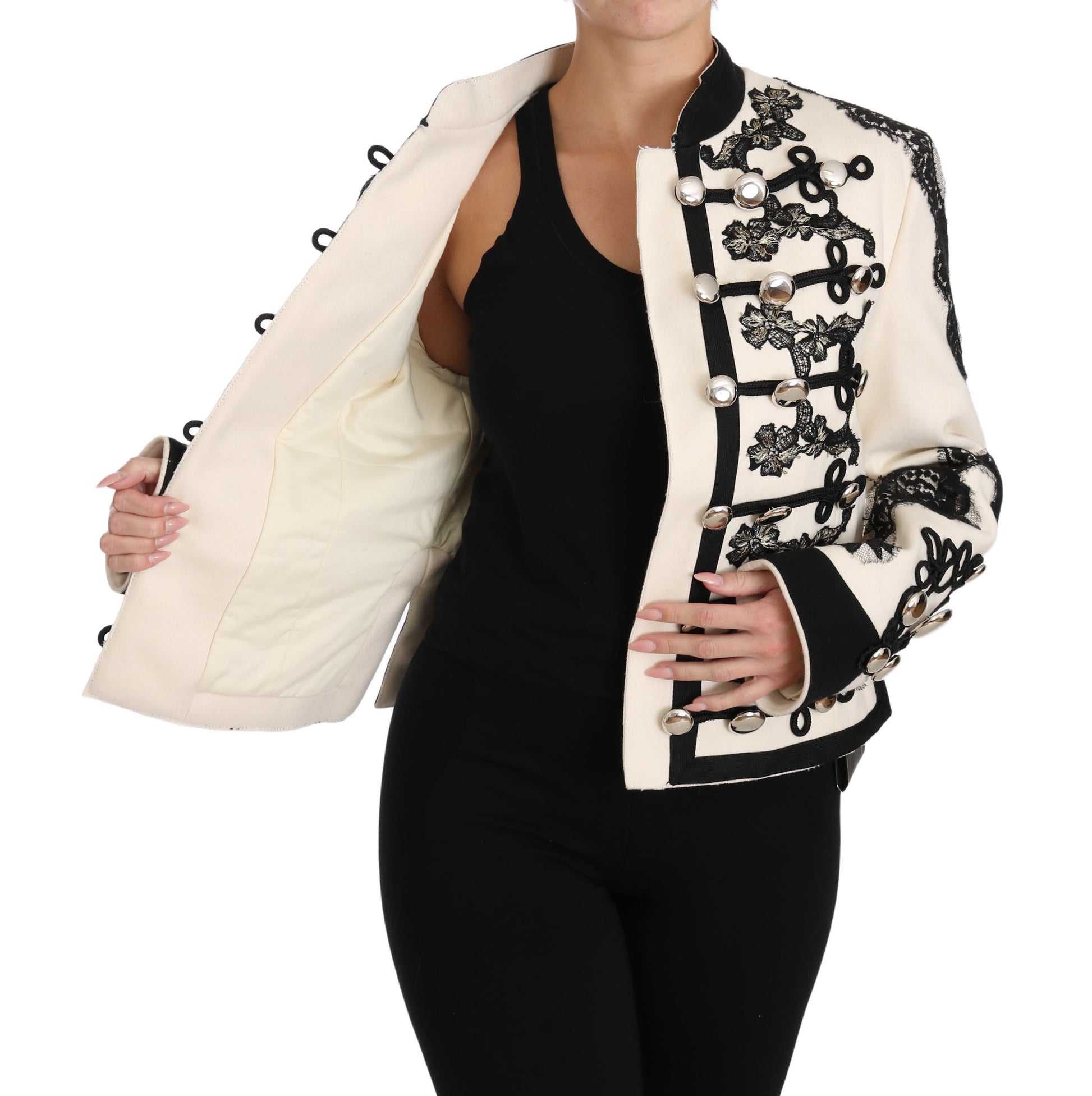 Dolce & Gabbana White Wool Black Floral Baroque Jacket Dolce & Gabbana