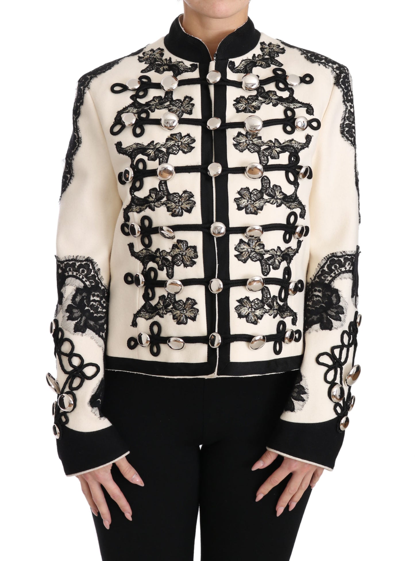 Dolce & Gabbana White Wool Black Floral Baroque Jacket Dolce & Gabbana