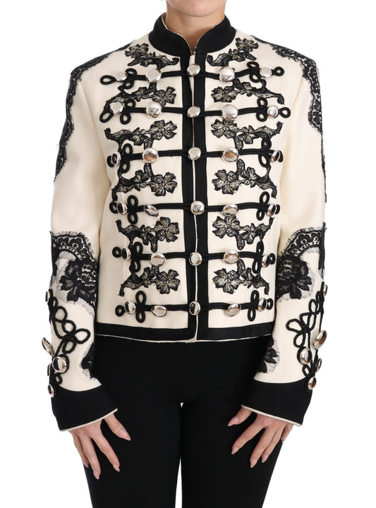 Dolce & Gabbana White Wool Black Floral Baroque Jacket Dolce & Gabbana