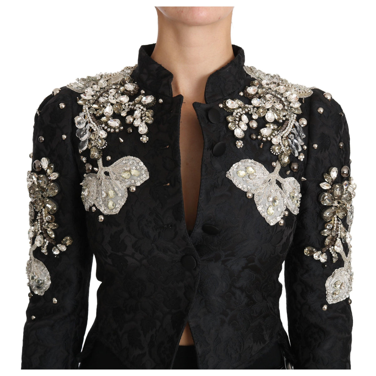 Dolce & Gabbana Black Jacquard Crystal Floral Jacket