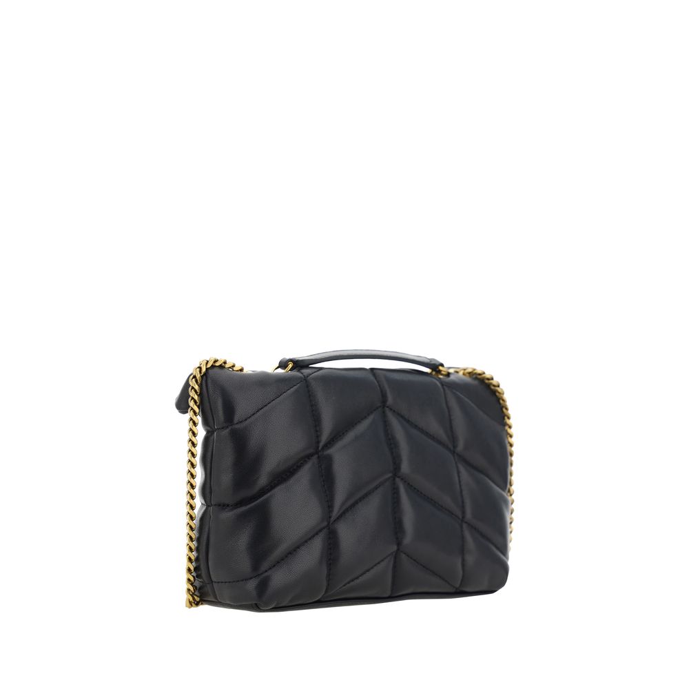 Saint Laurent Black Lamb Leather Ovis Aries Shoulder Bag with silver hardware and sleek design.