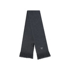 Prada gray cashmere scarf with soft, luxurious fabric and subtle branding, draped to showcase its elegant, cozy design.