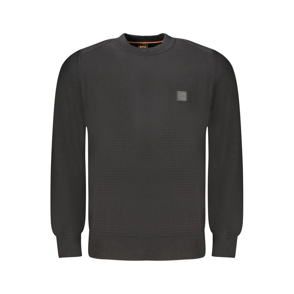 Hugo Boss black cotton men's sweater with crew neckline and long sleeves, displayed on a neutral background.