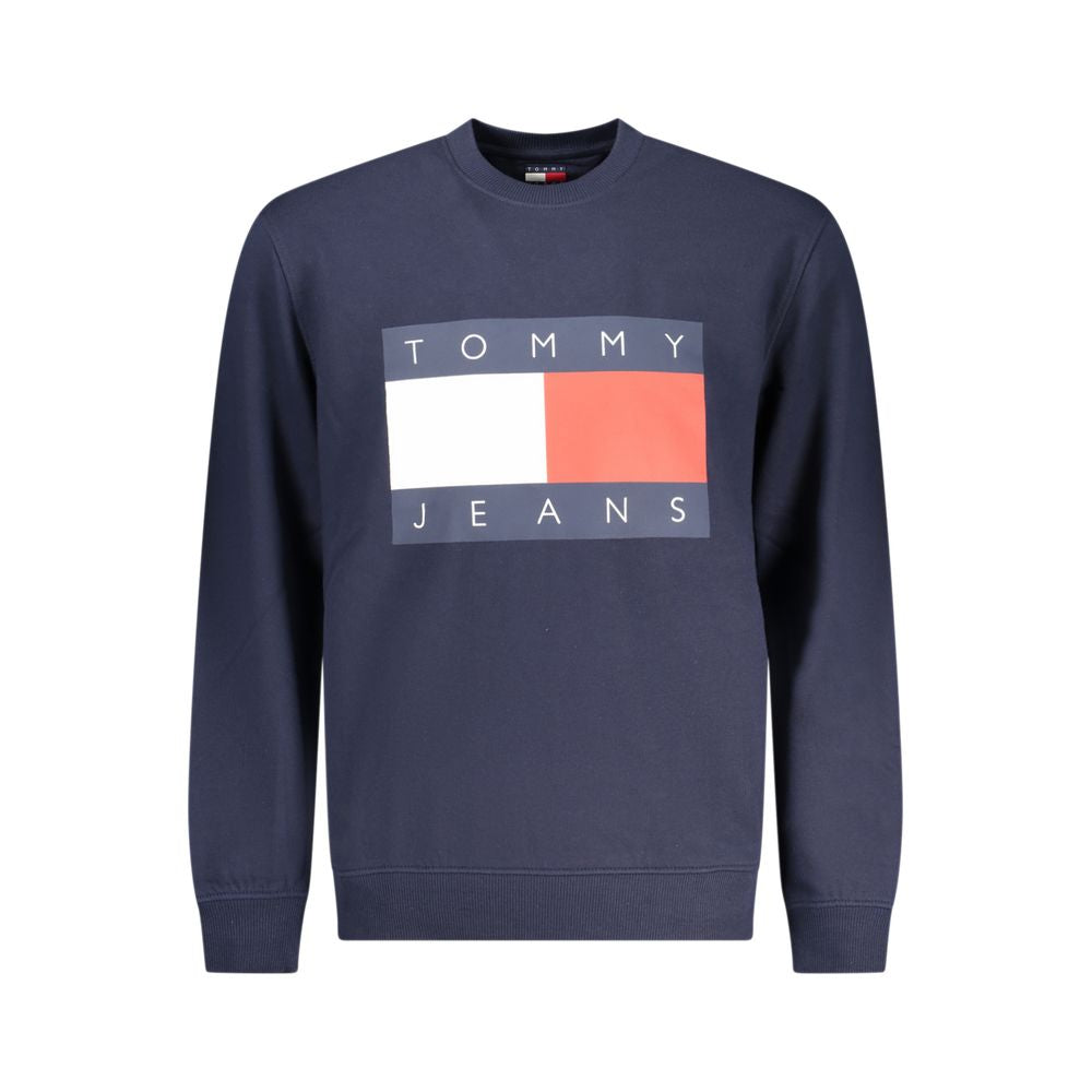 Tommy Hilfiger blue cotton men's sweatshirt displayed on a hanger with a crew neck and long sleeves.