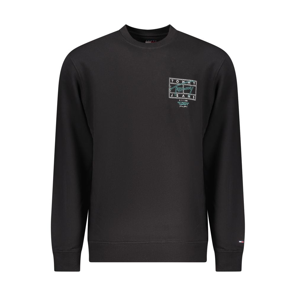Black cotton men's sweatshirt by Tommy Hilfiger with crew neck and logo detail, displayed on a plain background.
