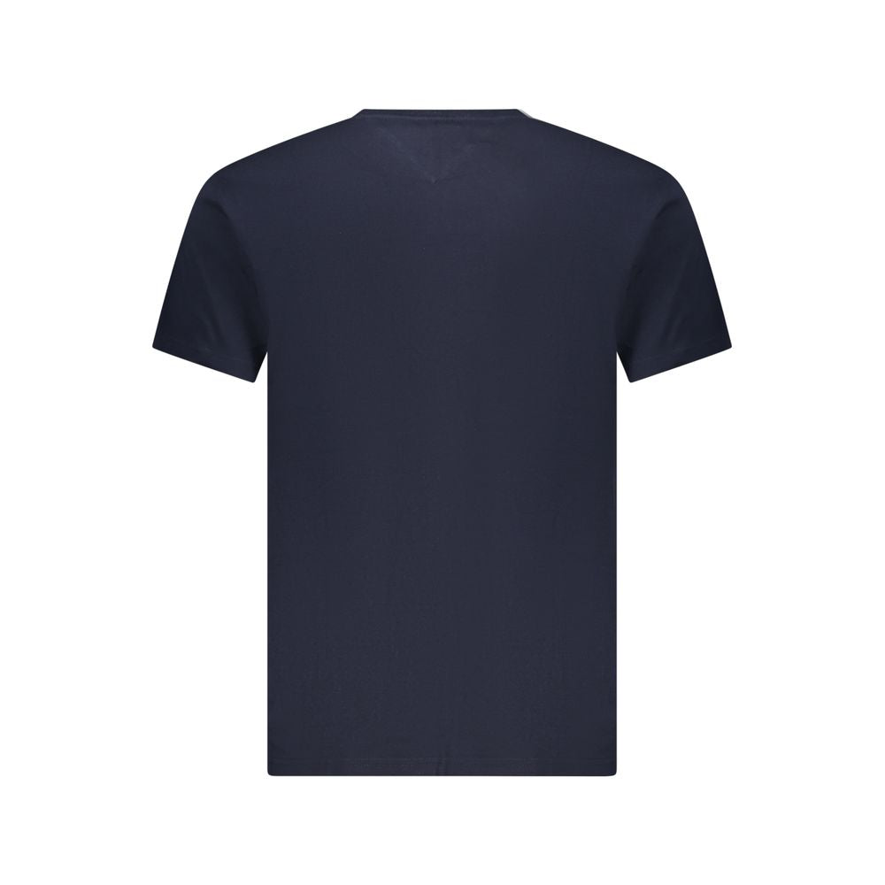 Tommy Hilfiger blue cotton men's T-shirt with crew neck and short sleeves, laid flat for display.