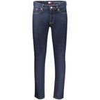 Tommy Hilfiger blue cotton men's slim tapered jeans displayed on a hanger with front and back views.