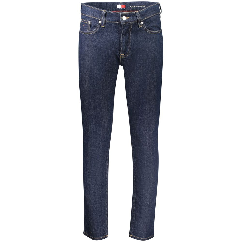 Tommy Hilfiger blue cotton men's slim tapered jeans displayed on a hanger with front and back views.