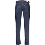 Blue cotton men's slim tapered jeans by Tommy Hilfiger, displayed on a hanger with visible stitching and classic five-pocket design.