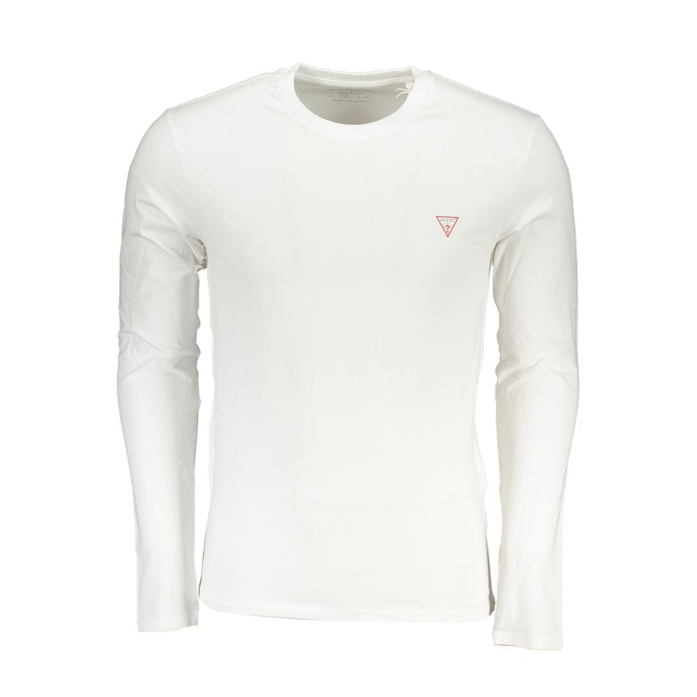 White cotton men's T-shirt by Guess Jeans, featuring a classic fit and crew neckline, displayed on a hanger.