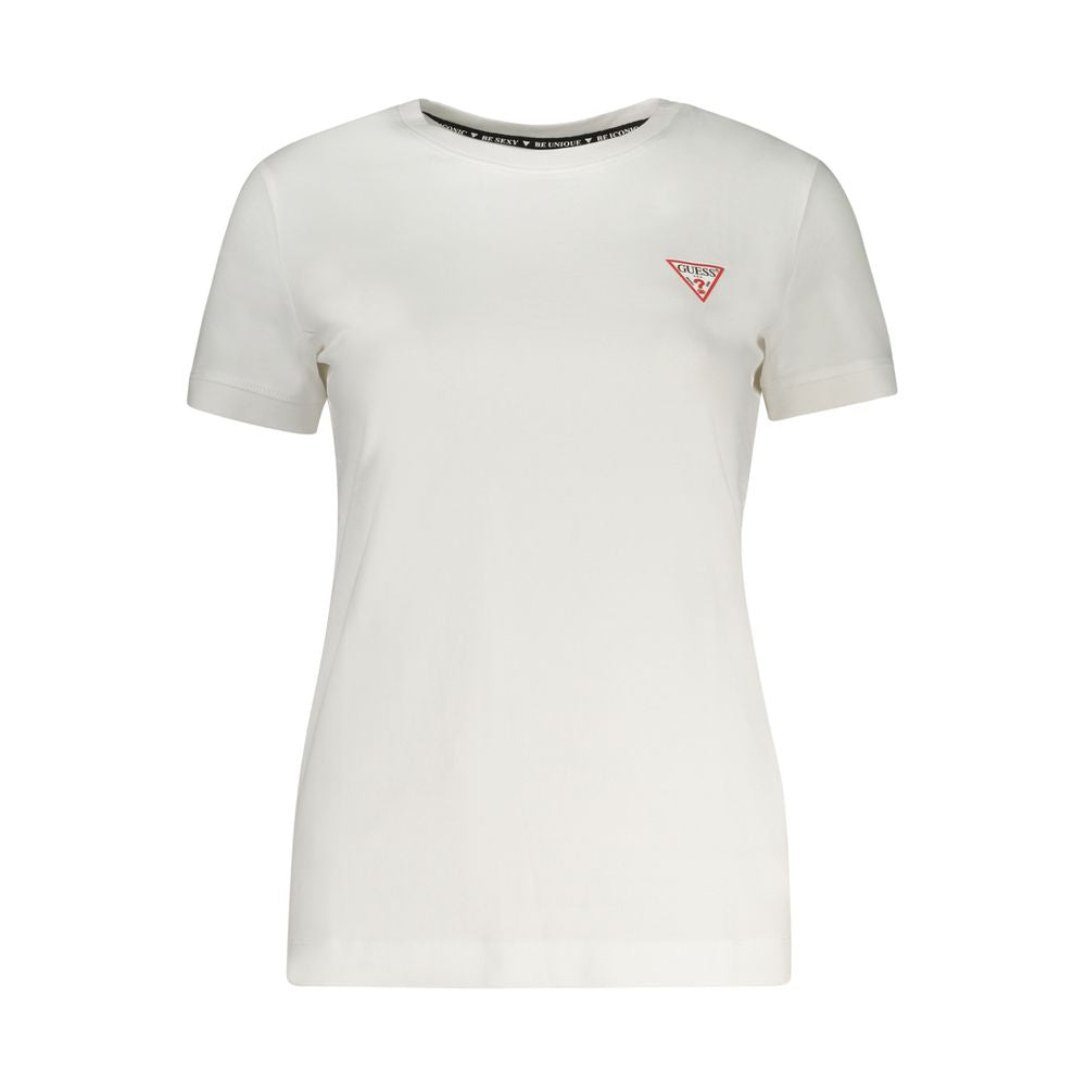 Guess Jeans women's white cotton T-shirt with a classic crew neckline, casual fit, and Guess branding on the front.