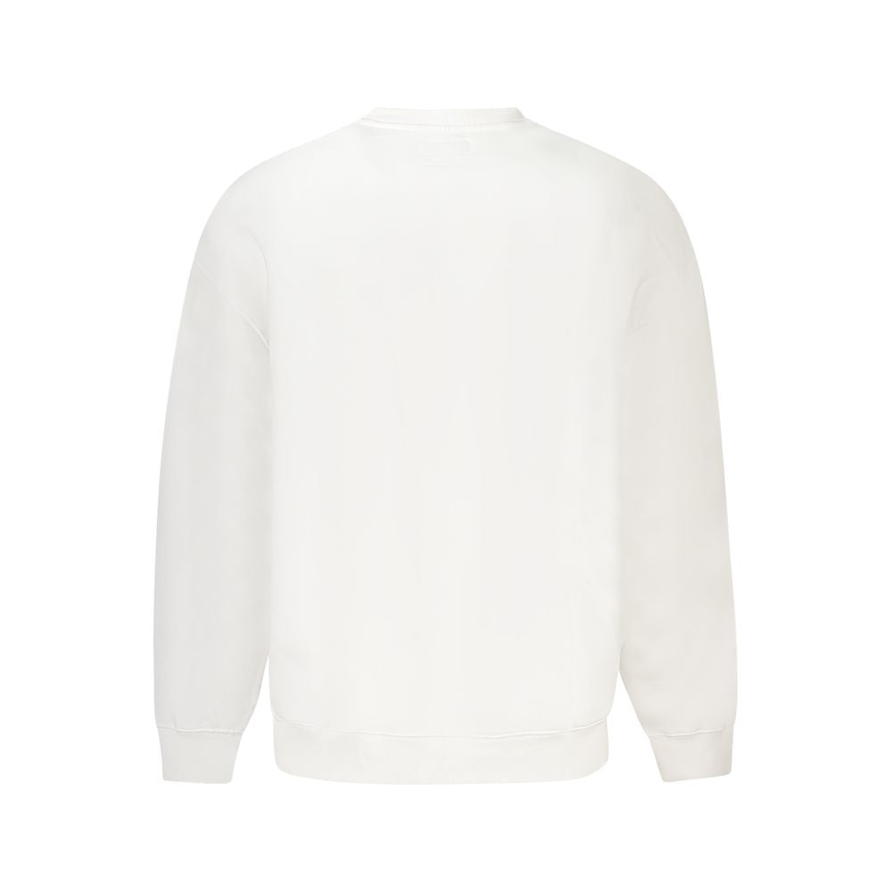 White cotton men's sweater by Guess Jeans, featuring a crew neck and long sleeves, styled casually on a neutral background.