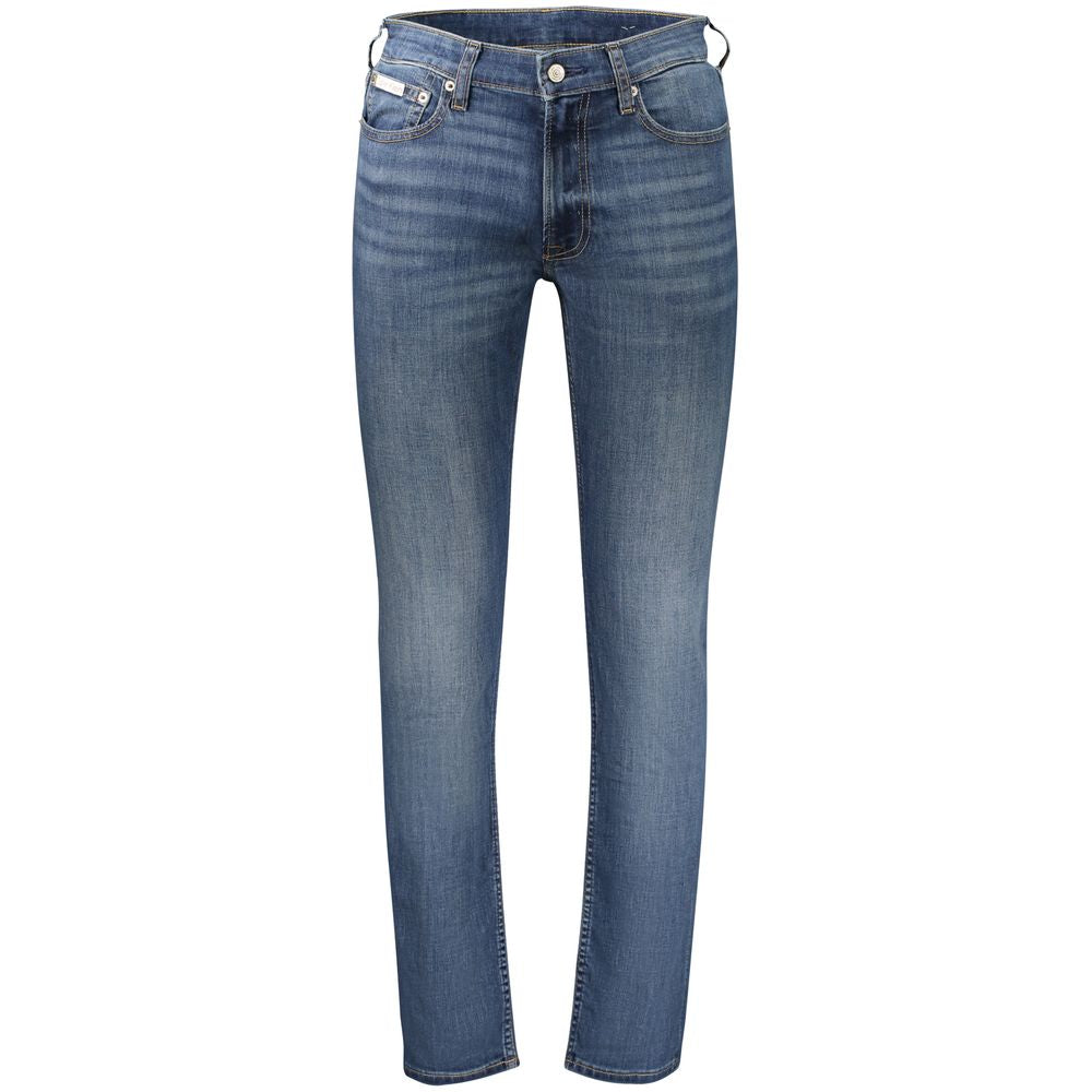 Calvin Klein blue cotton men's jeans with classic fit and five-pocket design, shown on a hanger.