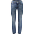Calvin Klein blue cotton men's jeans with classic fit and five-pocket design, shown on a hanger.
