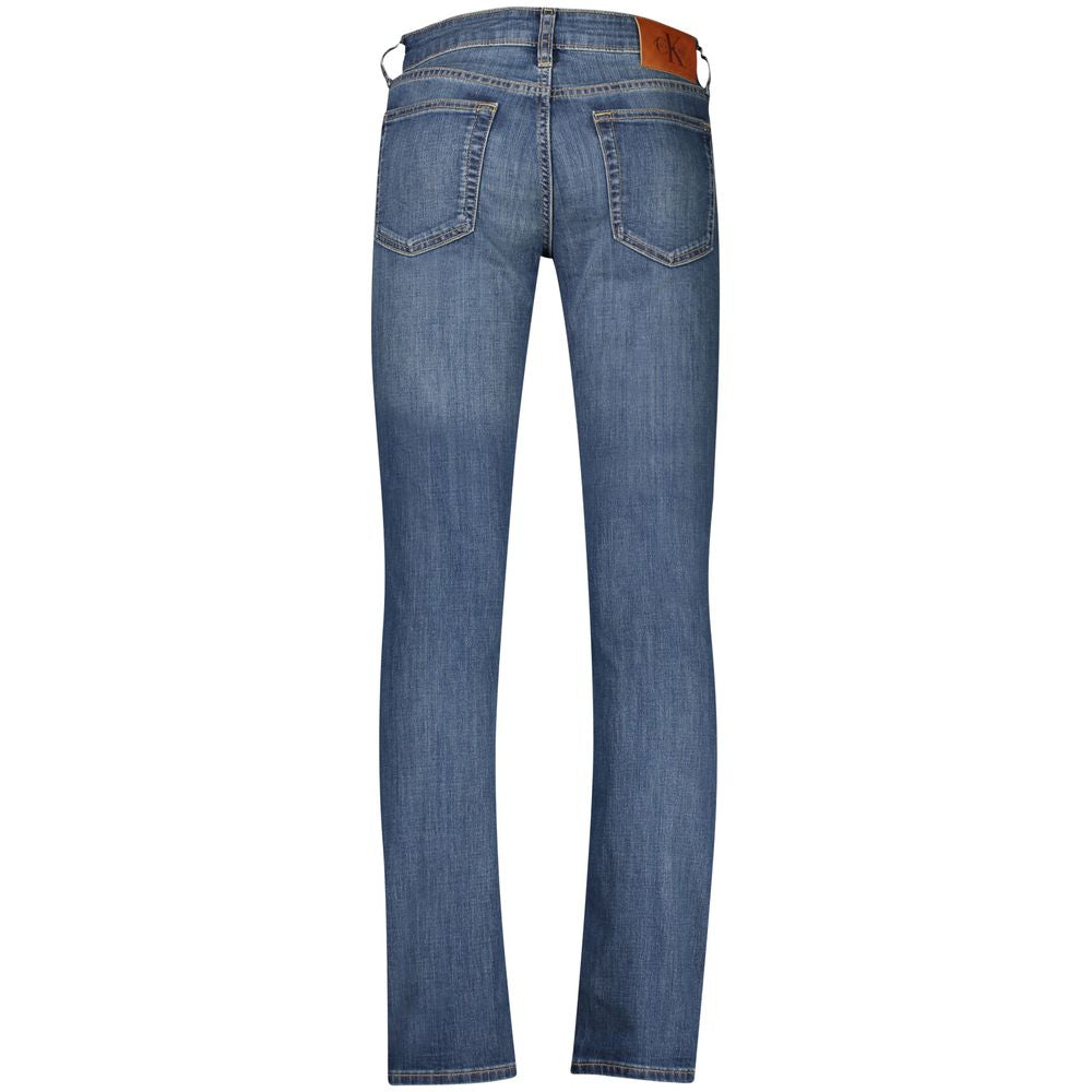 Calvin Klein men's blue cotton jeans with classic five-pocket design and modern fit, displayed on a neutral background.