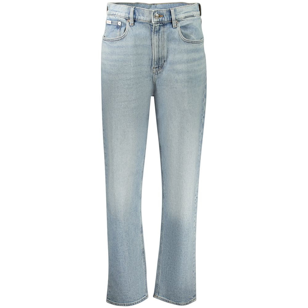 Calvin Klein Azzurro cotton women’s jeans with classic fit and five-pocket design, shown on a hanger.