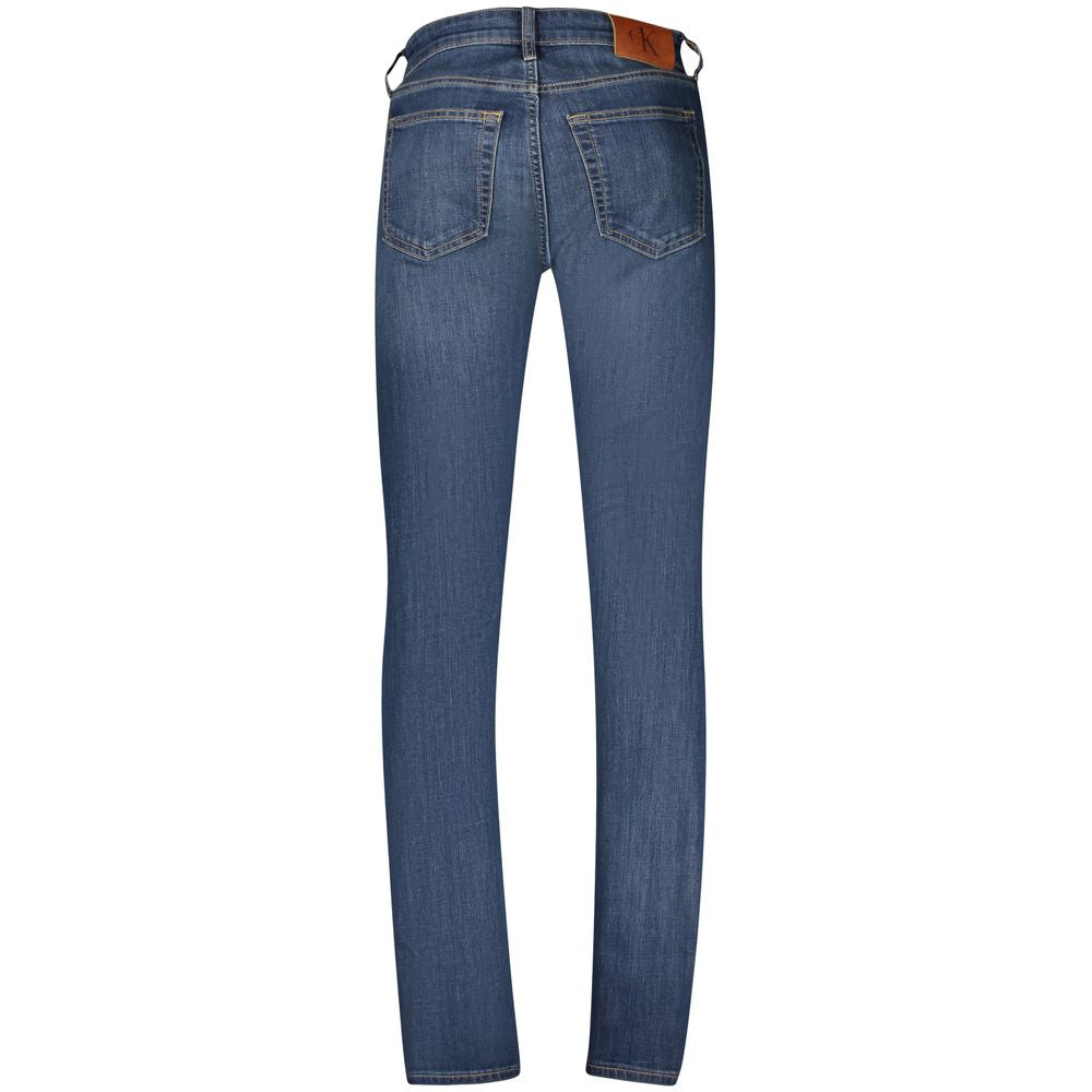 Calvin Klein Blu Cotton Men's Jeans displayed on a hanger, showing the classic five-pocket design and slim fit style.