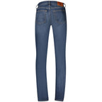 Calvin Klein Blu Cotton Men's Jeans displayed on a hanger, showing the classic five-pocket design and slim fit style.