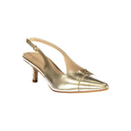 Twinset gold leather women's sandal with open toe and ankle strap, stylish footwear for summer.