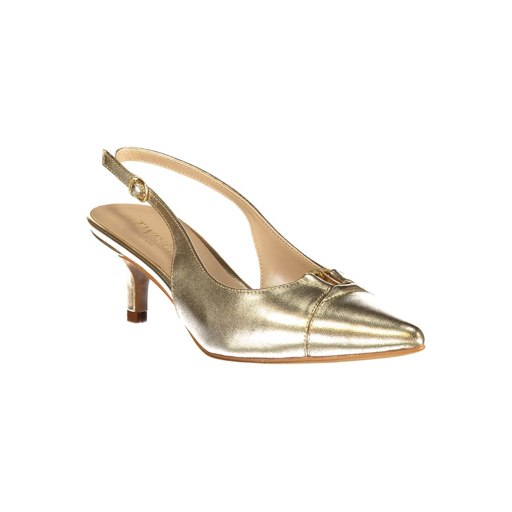 Twinset gold leather women's sandal with open toe and ankle strap, stylish footwear for summer.