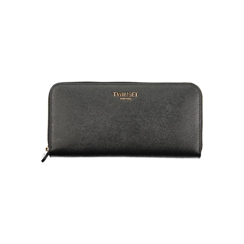 Twinset Nero polyurethane women's wallet with sleek design and compact size, featuring multiple card slots and a zippered coin compartment.