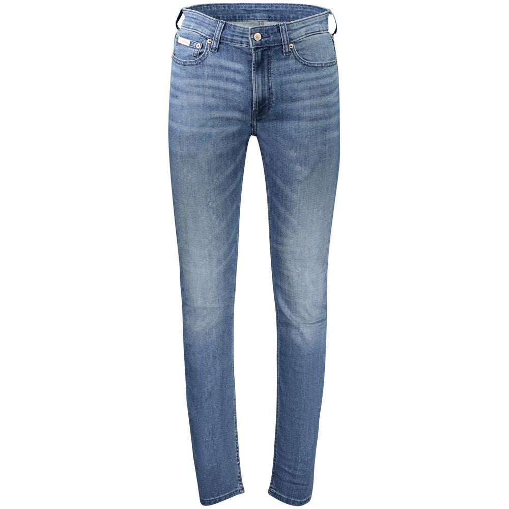 Calvin Klein Blu cotton men's slim-taper jeans, front view showing classic five-pocket design and slim fit silhouette.