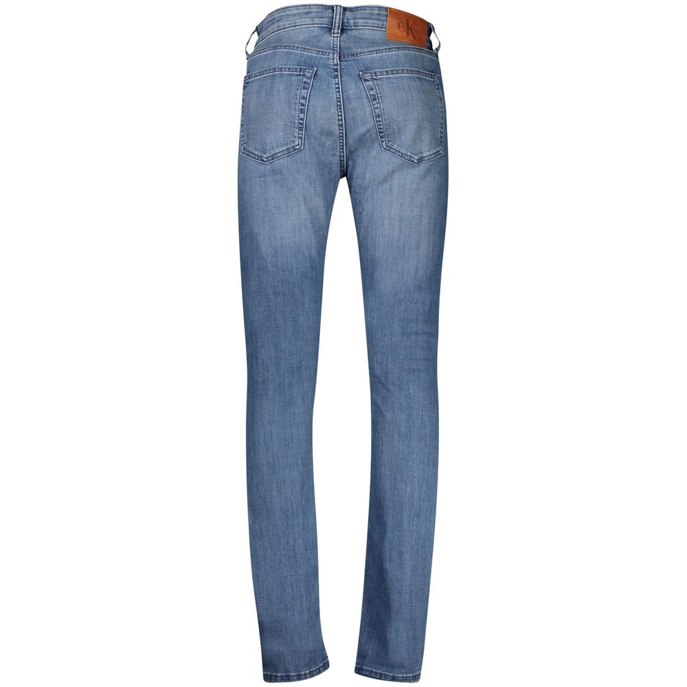 Calvin Klein Blu Cotton Men's Slim-Taper Jean displayed on a hanger, showcasing classic fit and deep blue denim fabric.