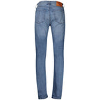 Calvin Klein Blu Cotton Men's Slim-Taper Jean displayed on a hanger, showcasing classic fit and deep blue denim fabric.