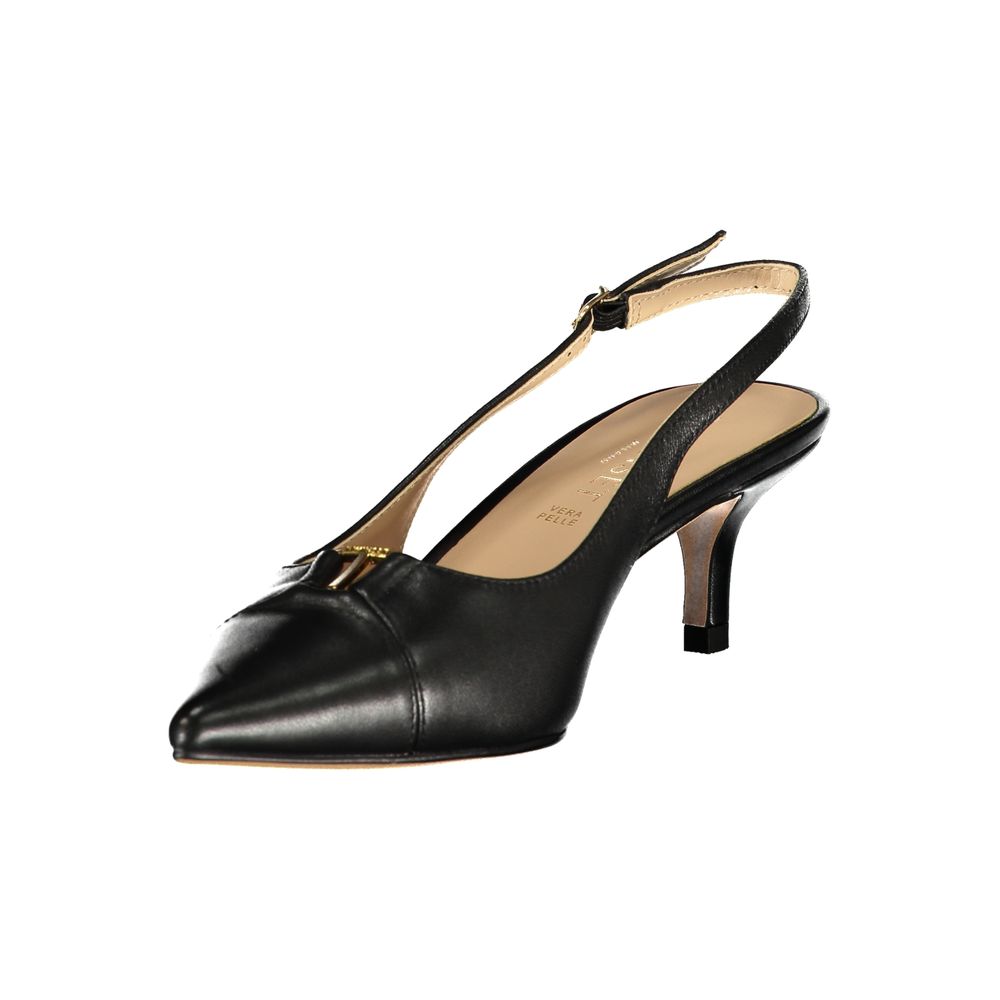 Twinset black leather women's sandals with open toe and ankle strap, stylish and comfortable footwear for warm weather.