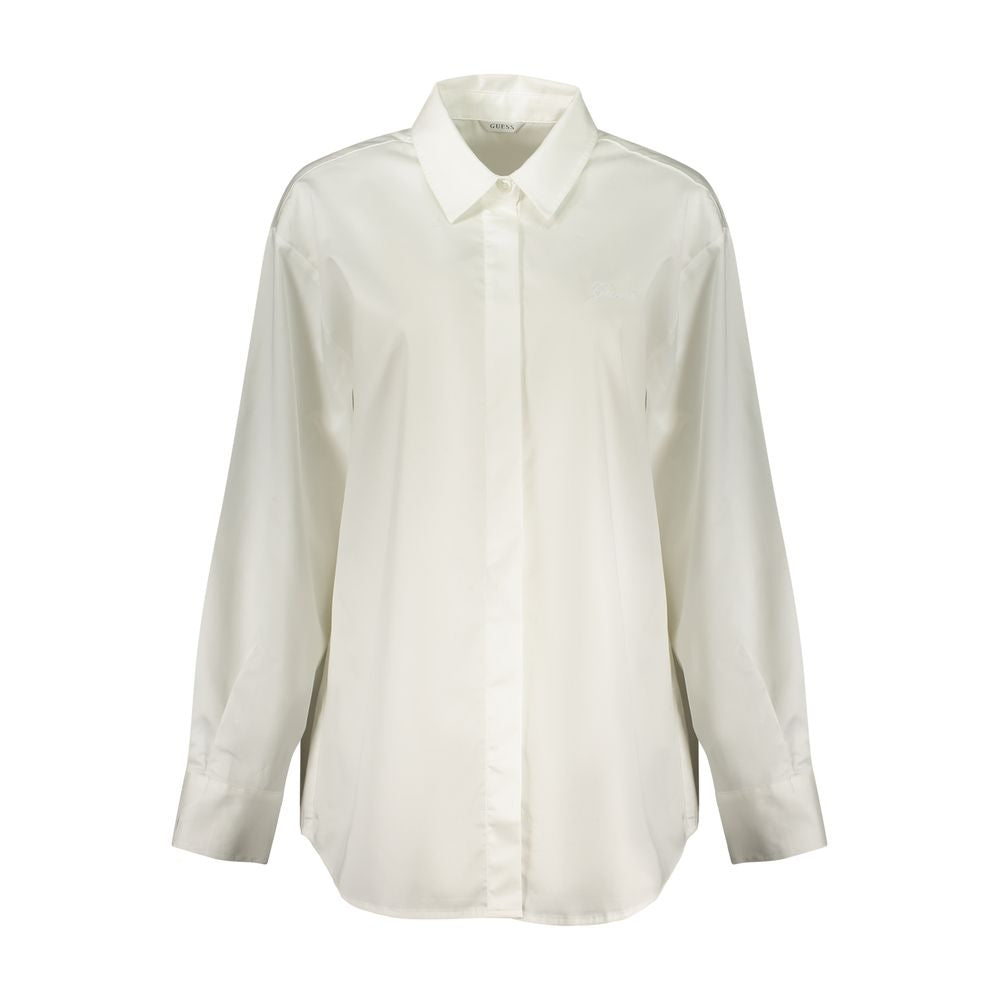 Guess Jeans Bianco cotton women’s shirt, casual button-up with long sleeves and classic collar, displayed on a neutral background.