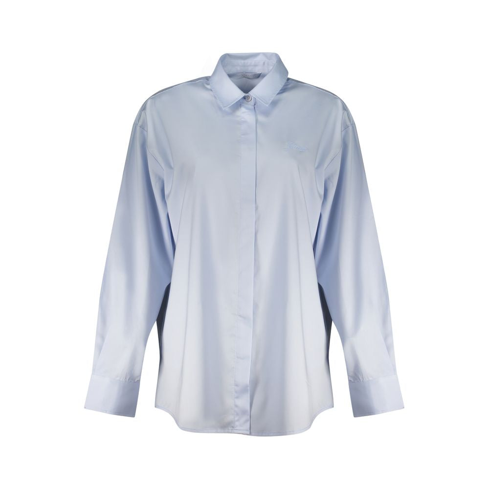 Guess Jeans azzurro cotton women's shirt displayed with a relaxed fit and button-down front featuring the Guess logo.