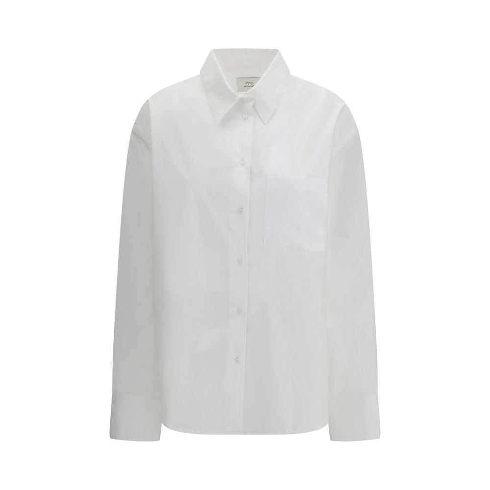 Loulou De Saison white cotton dress shirt with classic collar and long sleeves, neatly folded on a clean background.