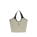 Versace beige cotton shoulder bag with stylish design and adjustable strap, featuring the iconic Versace logo and elegant detailing.