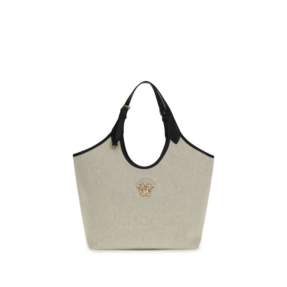 Versace beige cotton shoulder bag with stylish design and adjustable strap, featuring the iconic Versace logo and elegant detailing.