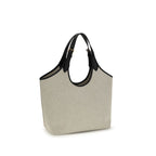Versace beige cotton shoulder bag with gold-tone hardware and signature logo accents, stylish accessory for everyday wear.