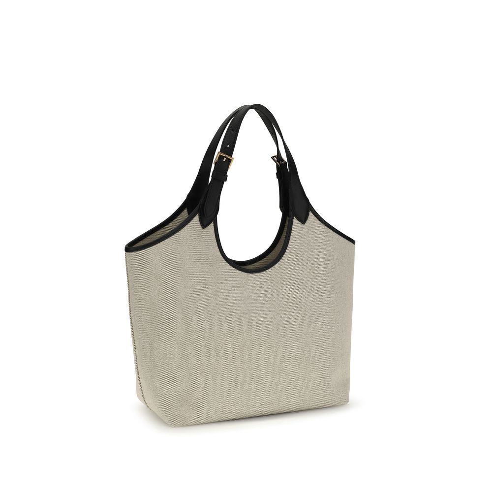 Versace beige cotton shoulder bag with gold-tone hardware and signature logo accents, stylish accessory for everyday wear.