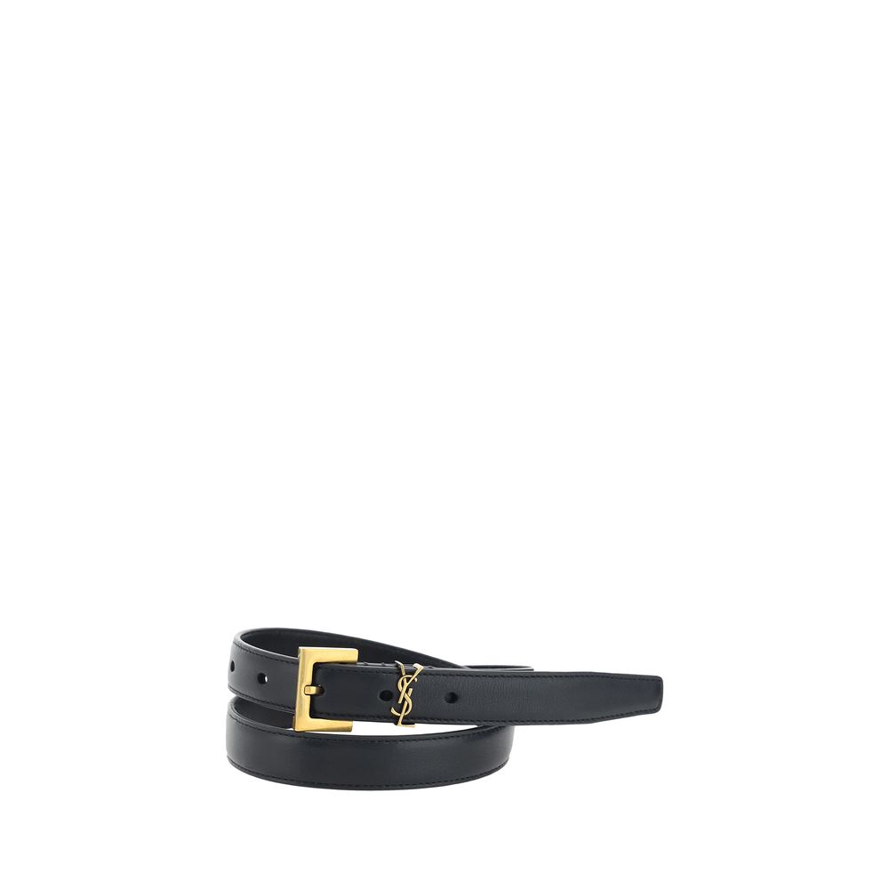 Saint Laurent Black Calf Leather Bos Taurus Thin Belt - Eljoys Fashion 