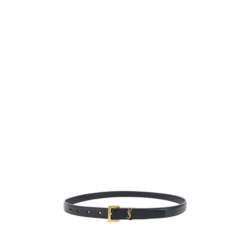 Saint Laurent Black Calf Leather Bos Taurus Thin Belt - Eljoys Fashion 