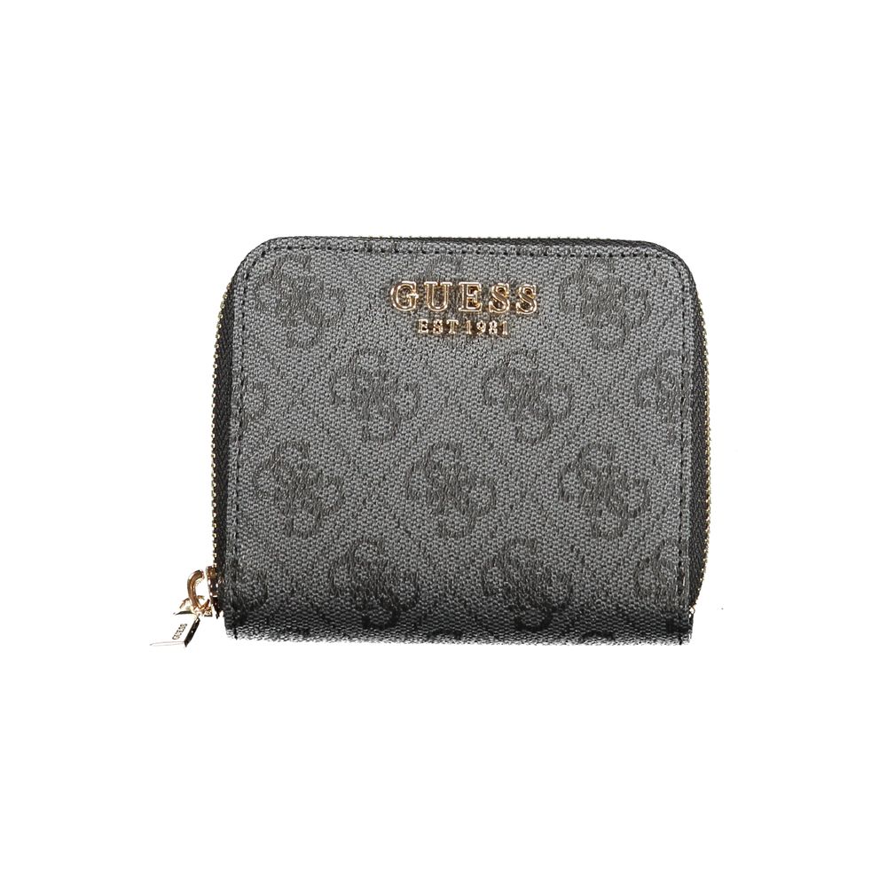Black Guess Jeans women's wallet made of polyethylene, featuring multiple card slots and a sleek, compact design.